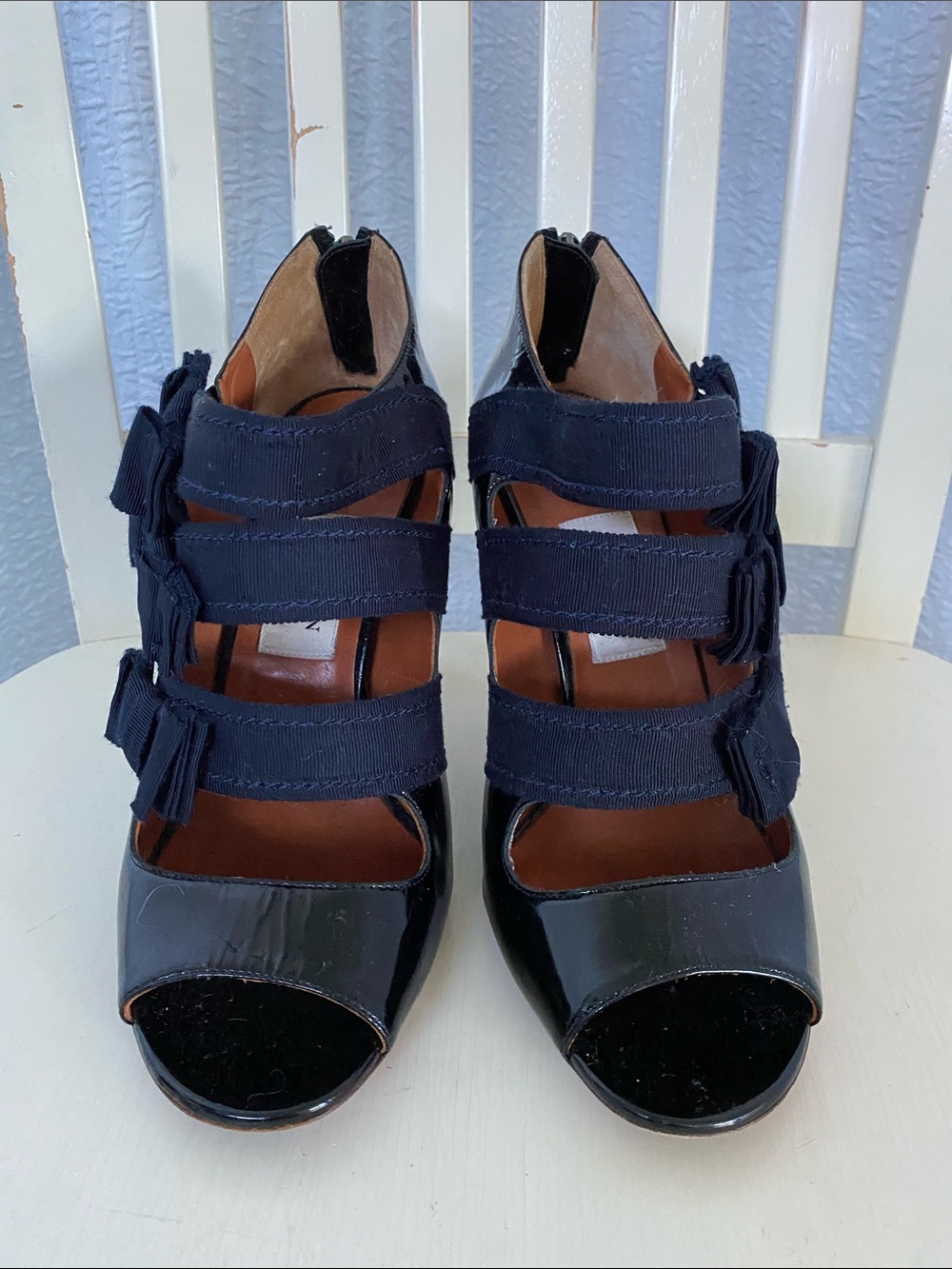 Lanvin Navy Patent Rhinestone Heels with black Zipper & Bows 2009 Collection